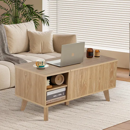 Vista 4 de Mesa auxiliar bohemia con tapa elevable con almacenamiento para sala de estar, dormitorio, mesa auxiliar rectangular baja acanalada con cajones
