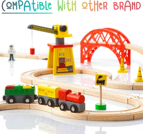 Vista 9 de KipiPol Juegos de trenes de madera para niños de 2 a 4 a 7 años – 38 piezas de tren de madera para niños pequeños con grúa, puente y pistas de tren