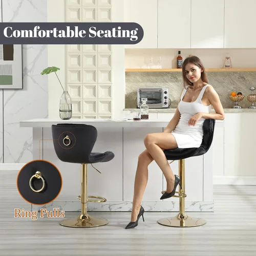 Vista 6 de Taburetes de bar de terciopelo, modernos taburetes giratorios de altura ajustable, sillas de mostrador de 360 grados con respaldo y base de metal