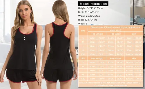 Vista 5 de Vlazom Conjunto de pijama para mujer, ropa de dormir con cuello en V, conjunto de pijama de 2 piezas, sin mangas, ropa de noche, S - XXL