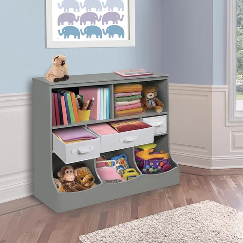 Vista 5 de Badger Basket Combo Bin Unidad de almacenamiento de juguetes y estante para libros para niños con 3 cestas - Gris