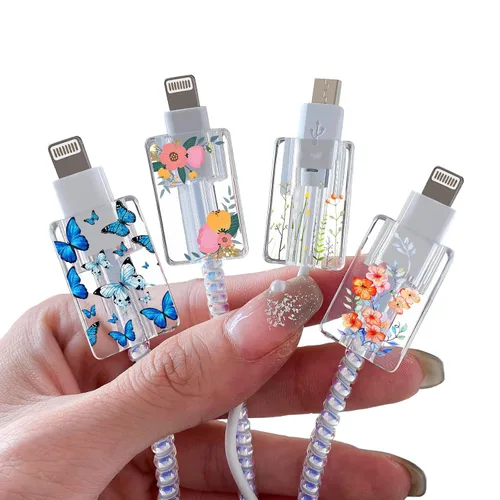 Vista 12 de Bonito protector de cable floral para cargador de iPhone, patrón de lavanda, camelia, girasol, ramo de flores, encaje, cerezo en flor, set de 6