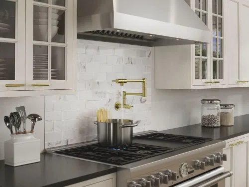 Vista 9 de Pfister Lita Pot Filler - Grifo de cocina, 2 asas, montaje en pared, un solo agujero, acabado dorado cepillado, GT533PFBG
