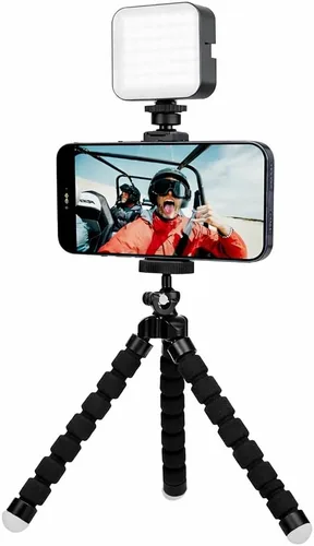 Vista 10 de Acuvar Kit de vlogging premium de 9 piezas para iPhone, Android y cámaras, micrófono, soporte de trípode y luz LED, paquete de YouTube, TikTok