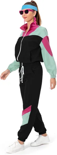Vista 15 de Conjunto de traje de pista de bloque de color de los años 80, rompevientos de manga larga de los años 90, traje deportivo casual para mujer