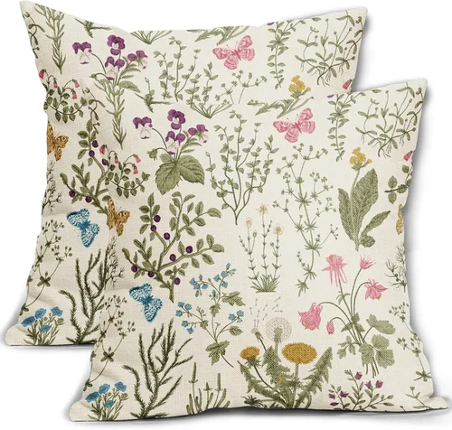 Vista 14 de Juego de 2 fundas de almohada de primavera de 16 x 16 pulgadas, diseño de conejo, flores rosas, hojas verdes salvia, plantas botánicas vintage