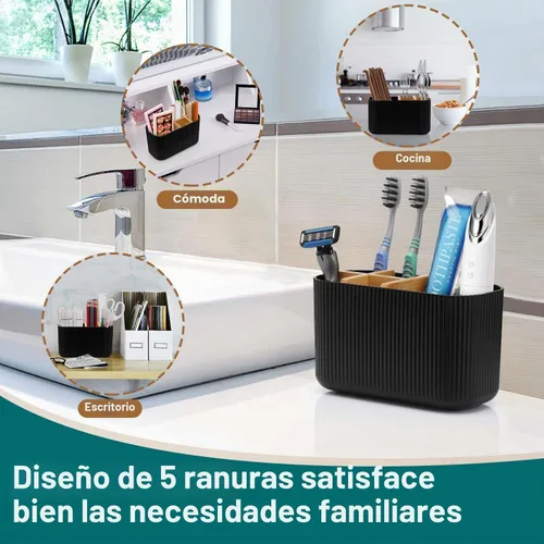 Vista 7 de GFWARE Soporte para cepillos de dientes negro – Portacepillos de dientes de bambú para baños, organizador de cepillos de dientes eléctrico