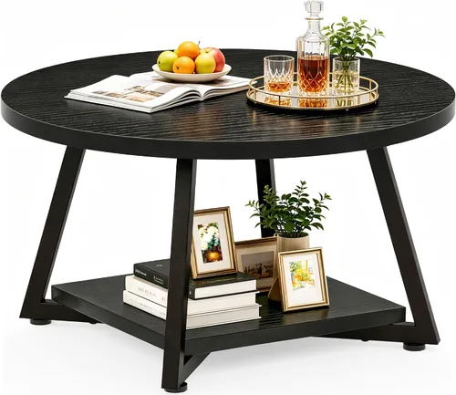 Vista 11 de Mesa de Café FAMIDGE, Mesas de Café de 23.6" para Sala de Estar, Mesa de Café Redonda con Marco de Metal, Mesa de Piso para Sentarse en el Suelo