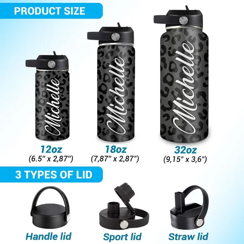 Vista 5 de Hyturtle Botella de agua personalizada de leopardo, botella de acero inoxidable aislada con tapa a prueba de fugas, 18 onzas, 32 onzas, regalo