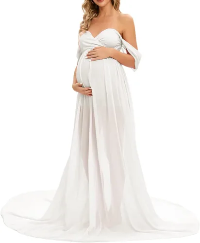 Vista 2 de ZIUMUDY Vestido largo de gasa de maternidad para sesión de fotos, fotografía con hombros descubiertos, vestido de gasa transparente envuelto
