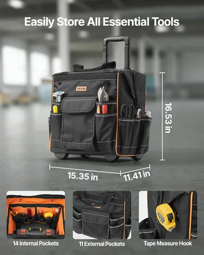 Vista 2 de VEVOR Bolsa de herramientas con ruedas de 15 pulgadas, capacidad de carga de 110 libras, 25 bolsillos, bolsa de herramientas resistente sobre