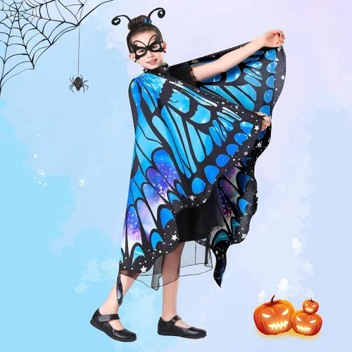Vista 3 de Tibeha ButterflyWingsforWomen Kids - Double-SidedPrintingCostumeHalloweenGirls CapewithMaskandAntennaHeadband