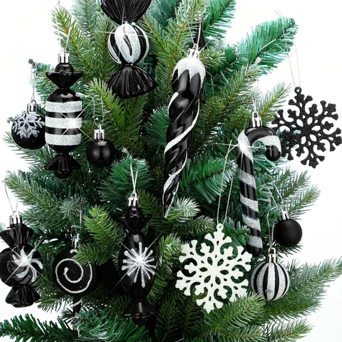 Vista 3 de 120 Piezas Adornos para Árbol de Navidad en Blanco y Negro Bola de Navidad Copo de Nieve Colgantes Adornos de Dulces Remolino Adorno de Piruleta
