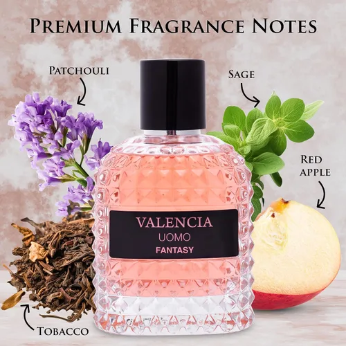 Vista 2 de Valencia UOMO Fantasy Men EDP - Fragancia picante y amaderada - Notas de salida de manzana roja dulce, cardamomo y bergamota de Calabria - Aroma