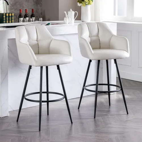 Vista 13 de ROCITY Juego de 2 taburetes de bar de terciopelo con respaldo, silla de bar beige para isla de cocina, taburetes de bar modernos con patas de metal
