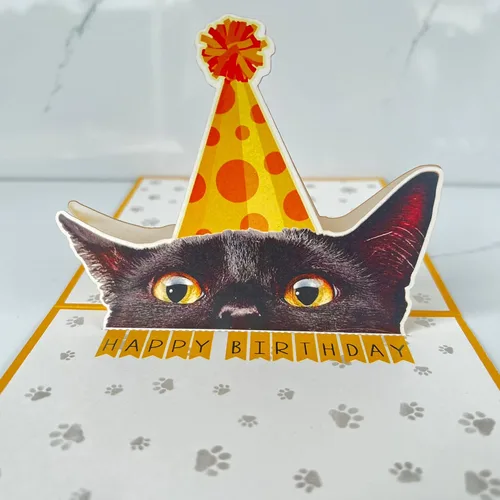 Vista 2 de Tarjeta de cumpleaños de gato negro, tarjeta desplegable 3D con sobre, tarjeta de felicitación de feliz cumpleaños para amantes de los gatos