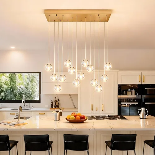 Vista 19 de Lámparas colgantes de oro cepillado de 4 luces para isla de cocina moderna, lámparas colgantes de globo de cristal para comedor sobre mesa, lámparas