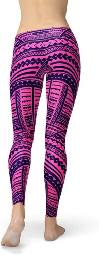 Vista 5 de Maori Tatuaje Leggings Tribal Polinesio Ta Moko Estampado Mediados Cintura Púrpura Pantalones