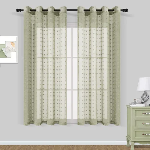 Vista 8 de 2 paneles de cortinas traslúcidas con pompones y ojales de 63 pulgadas de largo, para sala de estar, comedor, cortinas texturizadas para dormitorio