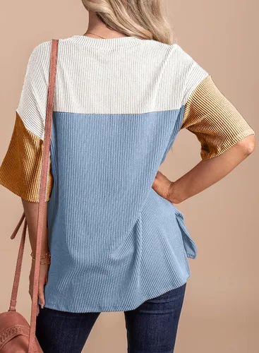Vista 4 de EVALESS Camisetas de verano de manga corta con cuello redondo para mujer, bloque de color, ligeras
