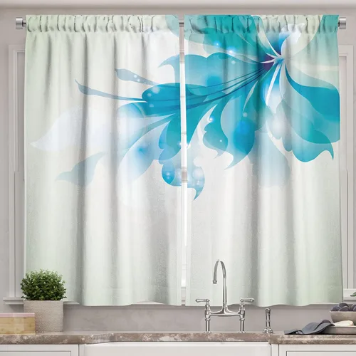 Vista 22 de Ambesonne Juego de 3 cenefas tropicales y cortinas de nivel, flores exóticas de plumeria y hojas de palmera sobre fondo crema, flora hawaiana