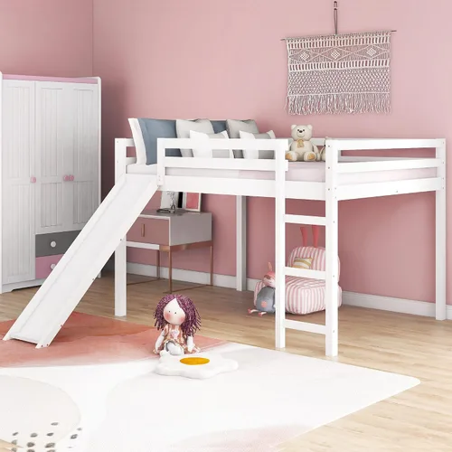 Vista 3 de Harper & Bright Designs Cama loft de madera de tamaño matrimonial con tobogán, marco de cama baja para niños y niñas, no necesita somier, ahorro