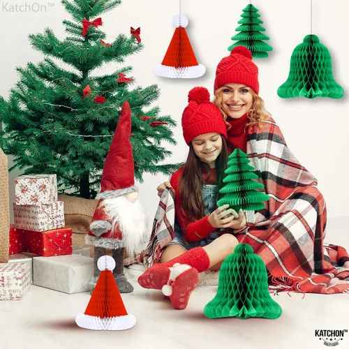 Vista 4 de KatchOn Decoraciones navideñas de panal, paquete de 6 Sombrero de Navidad y árbol de abeja