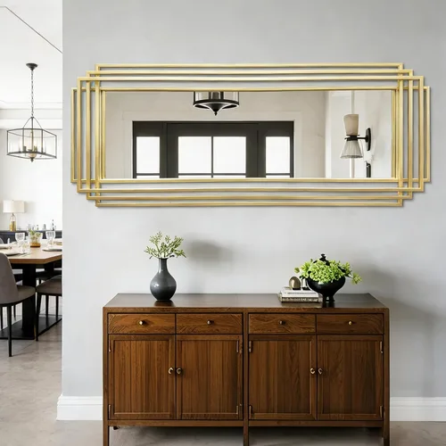 Vista 12 de Espejo de pared rectangular decorativo de 24 x 18 pulgadas con marco de metal negro Geometric Design, HD Mirror, Horizontal/Vertical Hanging, Art