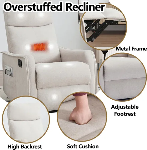 Vista 7 de Silla reclinable con masaje y calor, silla reclinable giratoria con respaldo alto, sillones reclinables manuales Lazy Boy para adultos, silla