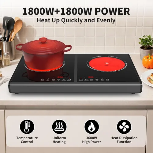 Vista 6 de VBGK Placa de cocina eléctrica, estufa de 110 V 3600 W, encimera de 22 pulgadas con 9 niveles de potencia, control táctil LED, protección contra