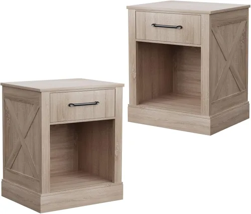Vista 11 de Giantex Mesita de noche de granja, mesa auxiliar rústica con cajones y compartimento abierto, mesa auxiliar de madera para dormitorio, mesita