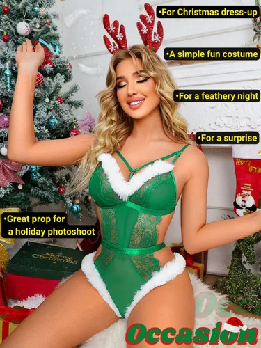 Vista 6 de Kaei&Shi Disfraz sexy de elfo de Navidad, ribete de piel mullida, overol de Papá Noel con entrepierna a presión