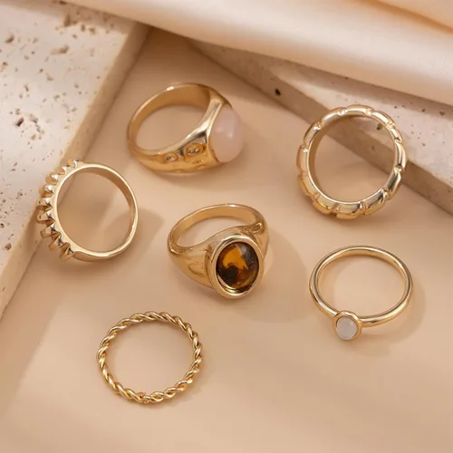 Vista 7 de Anillos de cristal gruesos de oro para mujer, diseño de cúpula grande, piedra lunar, juego de anillos vintage bohemios, punk, joyería vanguardista