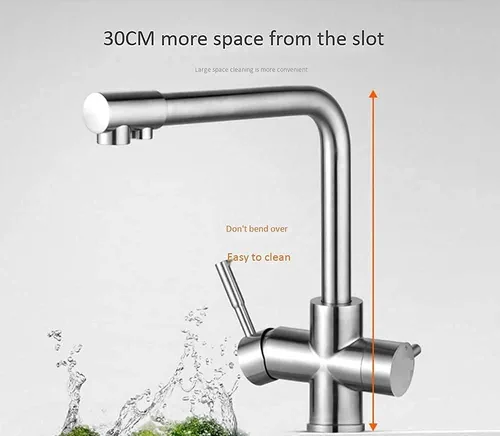 Vista 2 de Grifo de acero inoxidable de 360 ° para fregadero de cocina, latón sin plomo, 3 en 1, mezclador de agua potable, filtro de agua potable, grifo