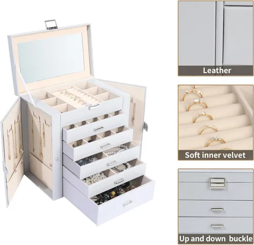 Vista 2 de Joyero para mujer, organizador grande de 6 capas con cerradura y 5 cajones para almacenamiento de joyas, joyero grande para regalo de Navidad