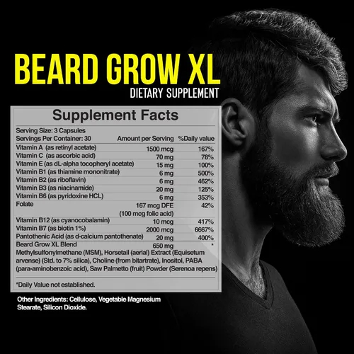 Vista 2 de Beard Grow XL Suplmento para vello facial Las vitaminas N 1 para el crecimiento del vello en hombres Para una barba más gruesa y más tupida