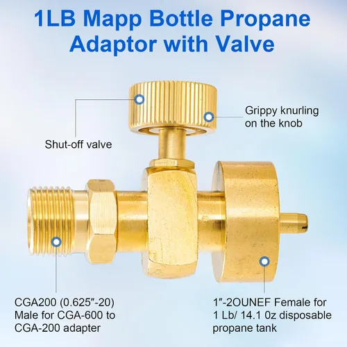 Vista 2 de Adaptador de propano de botella Mapp de 1 LB con válvula, válvula reguladora de gas propano de presión ajustable desechable CGA-600 hembra a CGA-200