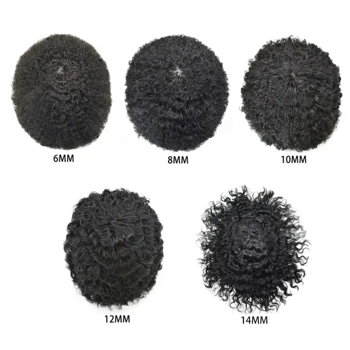 Vista 7 de Afro Toupee para hombres negros, 0.004 in de piel fina sistema de pelo PU para hombres, pieza de cabello humano Remy brasileño para hombres, rizado