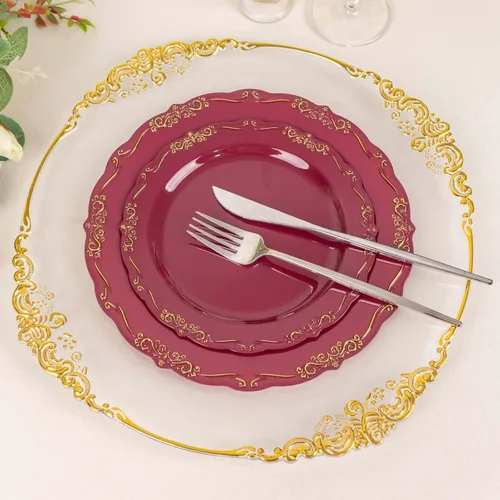 Vista 4 de Efavormart - Paquete de 10 platos desechables de 7 pulgadas transparentes con borde vintage burdeos, elegantes platos de postre de plástico