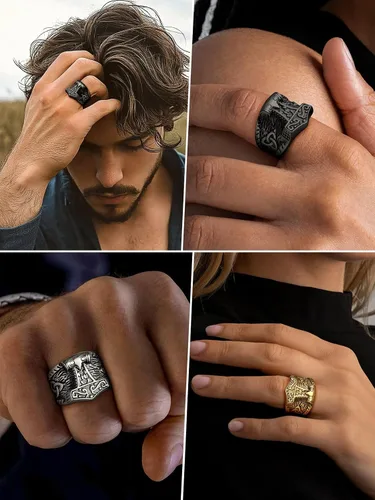 Vista 3 de FaithHeart Norse Viking Jewelry - Anillo de acero inoxidable de guerrero para hombre con diseño vikingo de cabeza de lobomartillo de Thor