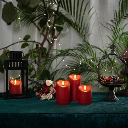Vista 5 de Homemory Velas sin llama color burdeos, velas parpadeantes impermeables sin llama, velas LED de pilar para exteriores operadas por batería