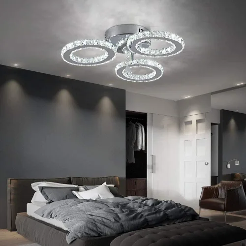 Vista 8 de Deckrico Moderno candelabro de cristal de montaje empotrado, lámpara de techo colgante de acero inoxidable de 3 anillos redondos para sala de estar