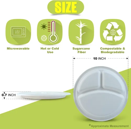 Vista 6 de Green Earth Platos compostables de 10 pulgadas, 500 unidades, 3 compartimentos redondos Bagazo natural, forma redonda desechable biodegradable