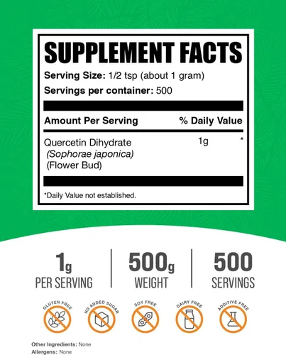 Vista 2 de BulkSupplements. com Quercetin Dihydrate Powder - Suplementos de quercetina, fuente de antioxidantes - Vegano y sin gluten, 0.04 oz por porción