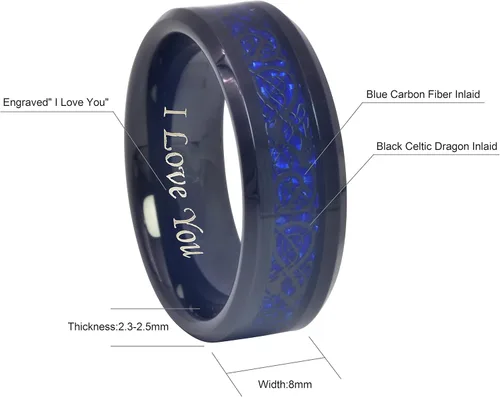 Vista 3 de CROWNAL Anillo de boda de carburo de tungsteno con diseño de dragón celta negro de fibra de carbono azul de 0.236in y 0.315in, grabado en inglés "I
