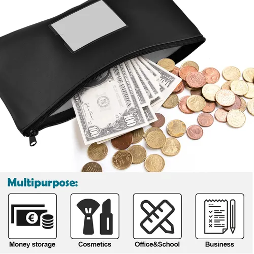 Vista 2 de Bolsas de dinero negras con cremallera para dinero en efectivo, 11.25 x 6.25 pulgadas, paquete de 3, bolsas de depósito bancario, bolsas de dinero
