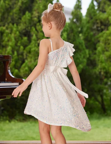 Vista 3 de GRACE KARIN Vestido de lentejuelas de un hombro para niñas, vestido de fiesta alto y bajo para 5-14 años