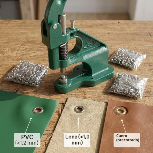 Vista 5 de QWORK - Kit de herramientas de perforación de ojales resistentes con 3 troqueles y 1500 ojales plateados