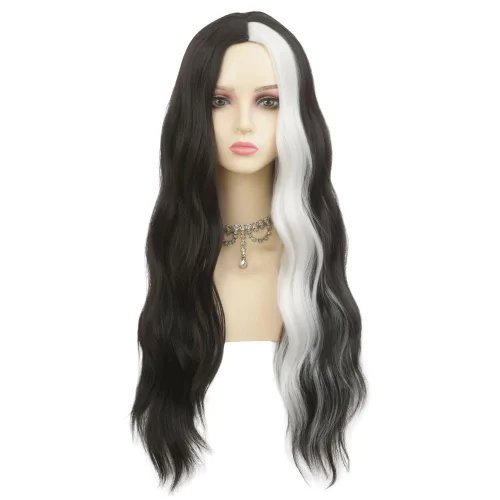 Vista 2 de Pelucas largas rizadas y onduladas de Dai Cloud, con cabello negro y reflejos blancos, de pelo sintético, resistente al calor, para mujer, para uso