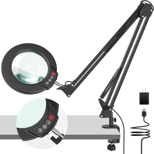Vista 12 de Coyeth lupa de 10 aumentos con luz y abrazadera, lupa iluminada con soporte de vidrio real, lámpara de escritorio LED regulable sin escalones con 5